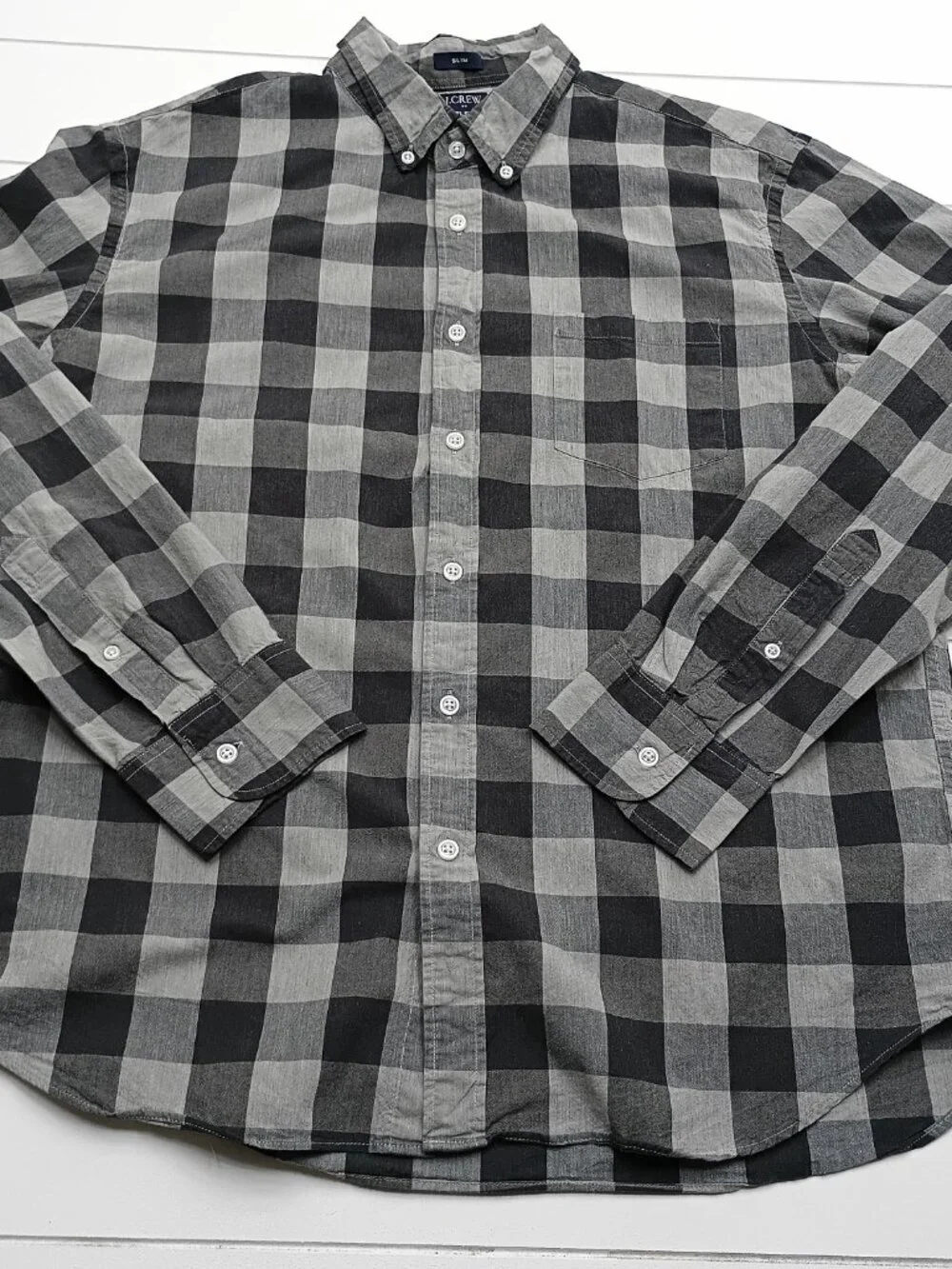 J.Crew Flex Washed Slim Button Down Shirt Buffalo Plaid Gray Black Mens XL